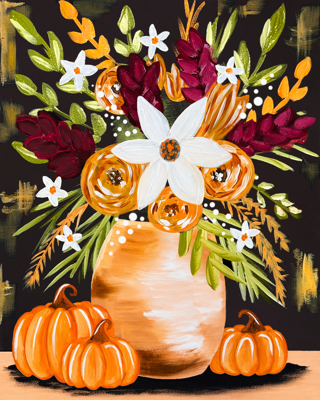 Fall floral painting with pumpkins and white flowers