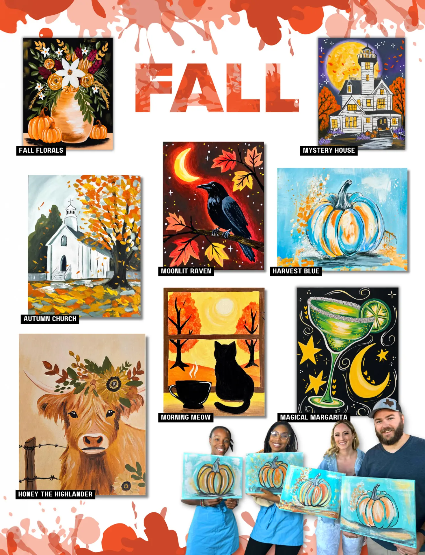 Fall paint party theme board featuring Fall Florals, Moonlit Raven, Harvest Blue, Autumn Church, Morning Meow, Mystery House, Magical Margarita, and Honey the Highlander paintings