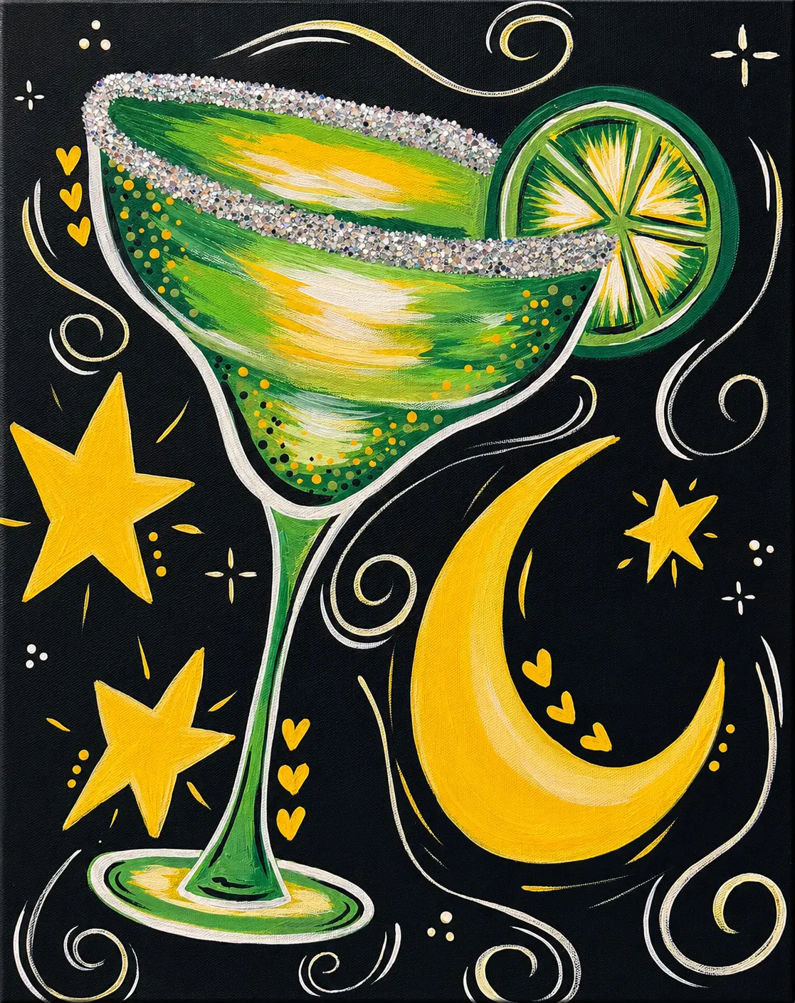 Moonlight Margarita paint party artwork with a green margarita, moon, and stars